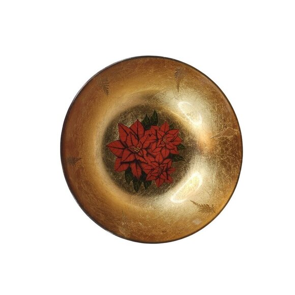Christmas Holiday Glass Gold Bowl With Poinsettia Design - 10 Inch Diameter x 3 - Picture 5 of 12